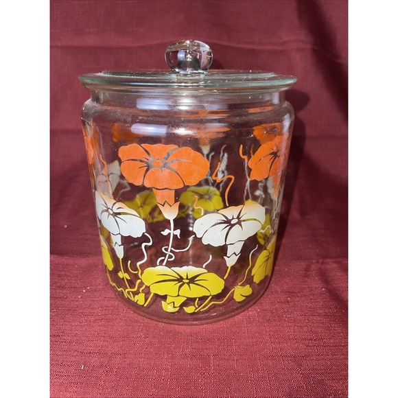 Pair Anchor Hocking Glass Jar Canisters Orange Yellow White Morning Glories 2 - Picture 4 of 7